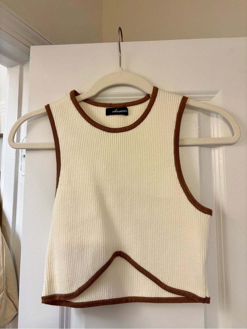 Olivaceous Cream Ribbed Tank with Brown Contrast Trim